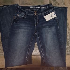 Boot cut denim jeans.